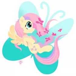 Size: 2000x2000 | Tagged: safe, artist:brownbush, derpibooru import, fluttershy, butterfly, pegasus, pony, chest fluff, cute, hooves to the chest, looking at something, profile, shyabetes, simple background, smiling, solo, spread wings, white background, wings