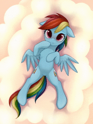 Size: 1000x1333 | Tagged: safe, artist:rainbow, derpibooru import, rainbow dash, pegasus, pony, animated, blinking, both cutie marks, cloud, cute, dashabetes, eye shimmer, featureless crotch, female, floppy ears, looking at you, lying, mare, no sound, on back, smiling, solo, spread legs, spreading, webm