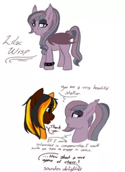 Size: 1024x1408 | Tagged: safe, artist:blackblood-queen, derpibooru import, oc, oc:daniel dasher, oc:lilac wisp, unofficial characters only, bat pony, dracony, hybrid, pony, bat pony oc, dialogue, female, lidded eyes, looking at each other, male, mare, ponytail, simple background, slit eyes, speech bubble, spiked wristband, stallion, white background, wristband