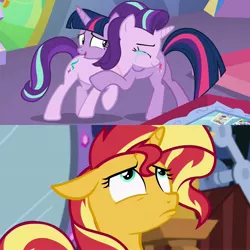 Size: 2048x2048 | Tagged: safe, derpibooru import, edit, edited screencap, screencap, starlight glimmer, sunset shimmer, twilight sparkle, twilight sparkle (alicorn), alicorn, pony, unicorn, celestial advice, equestria girls, mirror magic, spoiler:eqg specials, crying, cushion, cute, emotional, eyes closed, female, floppy ears, friendship, glare, gritted teeth, horn, hug, levitation, looking up, love, magic blast, mare, mirror, painting, pedestal, photos, pouting, present, ribbon, smiling, snuggling, student, teacher, tears of joy, telekinesis, twilight's castle