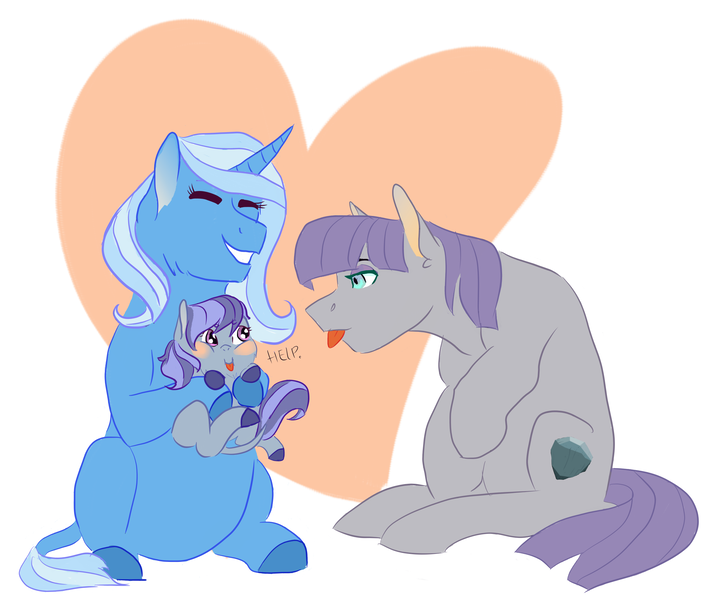 Size: 2555x2111 | Tagged: safe, artist:lunacat2001, derpibooru import, maud pie, trixie, oc, oc:hope, earth pony, pony, unicorn, eyes closed, female, filly, heart, help, leonine tail, lesbian, magical lesbian spawn, mare, mauxie, offspring, parent:maud pie, parent:trixie, parents:mauxie, shipping, smiling, tongue out