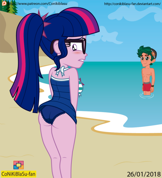 Size: 2613x2868 | Tagged: suggestive, artist:conikiblasu-fan, derpibooru import, sci-twi, timber spruce, twilight sparkle, equestria girls, equestria girls series, forgotten friendship, beach, bikini, blue swimsuit, blushing, bow swimsuit, breasts, clothes, cutie mark swimsuit, female, frilled swimsuit, male, one-piece swimsuit, partial nudity, shipping, straight, striped swimsuit, swimsuit, timbertwi, topless, twibutt, wedgie