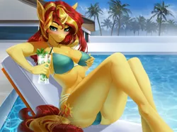 Size: 1000x742 | Tagged: suggestive, alternate version, artist:aonikaart, derpibooru import, sunset shimmer, anthro, unguligrade anthro, unicorn, ass, bikini, blushing, breasts, busty sunset shimmer, clothes, drink, female, grope, looking at you, mare, mojito, palm tree, self grope, solo, solo female, swimming pool, swimsuit, tree