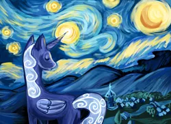 Size: 3850x2800 | Tagged: safe, artist:rk-d, derpibooru import, princess luna, alicorn, pony, beautiful, eyes closed, female, fine art parody, glowing horn, mare, night, ponyville, solo, starry night, style emulation, the starry night, vincent van gogh