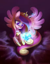 Size: 787x1003 | Tagged: safe, artist:dawnfire, derpibooru import, princess cadance, alicorn, pony, abstract background, colored pupils, crystal heart, female, glow, glowing horn, looking at something, lying down, magic, magic aura, mare, smiling, solo, spread wings, wings