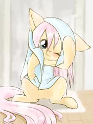 Size: 1200x1600 | Tagged: safe, artist:phoenixperegrine, derpibooru import, fluttershy, pegasus, pony, cute, drying, female, looking at you, mare, one eye closed, shower, shyabetes, sitting, smiling, solo, steam, towel, wet, wet mane