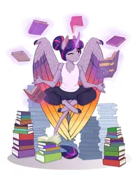 Size: 3994x5100 | Tagged: safe, artist:earthsong9405, deleted from derpibooru, derpibooru import, twilight sparkle, twilight sparkle (alicorn), alicorn, anthro, classical unicorn, unguligrade anthro, unicorn, book, bookhorse, chest fluff, clothes, cloven hooves, colored wings, curved horn, female, hair bun, leonine tail, levitation, lotus position, magic, mare, meditating, multicolored wings, one eye closed, pants, realistic horse legs, simple background, solo, starry wings, tanktop, telekinesis, that pony sure does love books, white background, wing claws