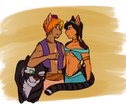 Size: 1397x1176 | Tagged: abs, anthro, anthro oc, artist:blackblood-queen, big cat, couple, crossdressing, derpibooru import, disney, freckles, gay, looking back, male, oc, oc:daniel dasher, oc:dewberry, oc:singe, oc x oc, parody, safe, shipping, smiling, tiger, unofficial characters only