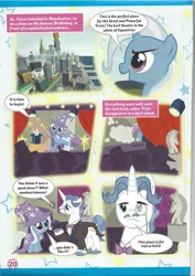 Size: 826x1169 | Tagged: safe, derpibooru import, fancypants, trixie, pony, unicorn, comic, crown, crystaller building, female, filly, jewelry, magazine scan, male, manehattan, mare, monocle, pier, piers, regalia, stadium, stallion, trixie n'abandonne jamais !, younger