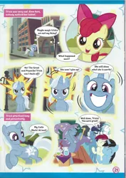 Size: 826x1169 | Tagged: safe, derpibooru import, apple bloom, roseluck, soarin', trixie, oc, oc:andrea, earth pony, pegasus, pony, unicorn, adorabloom, clapping ponies, comic, cute, cutie mark, cutiespark, dialogue, diatrixes, eyes closed, female, filly, grin, happy, irrational exuberance, looking at you, magazine scan, male, mare, smiling, stallion, trixie n'abandonne jamais !, younger