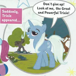 Size: 345x345 | Tagged: safe, derpibooru import, trixie, pony, unicorn, advice, bronybait, comic, cropped, female, great and powerful, grin, magazine, magazine scan, mare, motivational, photo, smiling, smirk, solo, speech bubble, trixie n'abandonne jamais !, united kingdom