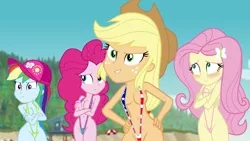 Size: 1280x720 | Tagged: suggestive, artist:fishsandwich, derpibooru import, edit, edited edit, edited screencap, screencap, applejack, fluttershy, pinkie pie, rainbow dash, equestria girls, equestria girls series, forgotten friendship, american flag bikini, belly button, bikini, blushing, breast edit, breasts, cap, clothes, crossed arms, edit of an edit of an edit of an edit, female, females only, flag bikini, hat, micro bikini, partial nudity, sling bikini, swimsuit, swimsuit edit, underwear, underwear edit