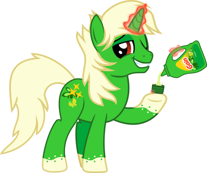 Size: 1723x1440 | Tagged: safe, artist:lightningbolt, derpibooru import, oc, oc:gain fireworks, ponified, unofficial characters only, pony, unicorn, .svg available, colored hooves, gain, glowing horn, grin, horn, laundry detergent, long mane, long tail, looking at you, magic, male, messy mane, messy tail, one eye closed, pouring, raised hoof, simple background, smiling, smug, solo, stallion, svg, transparent background, vector, wink