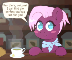 Size: 1000x829 | Tagged: safe, artist:omegaozone, derpibooru import, jasmine leaf, earth pony, pony, animated, blush sticker, blushing, clothes, cute, dialogue, ear fluff, explicit source, female, food, frame by frame, grin, looking at you, mare, no pupils, offscreen character, omegaozone is trying to kill us, pov, scarf, smiling, solo, speech bubble, squigglevision, tea