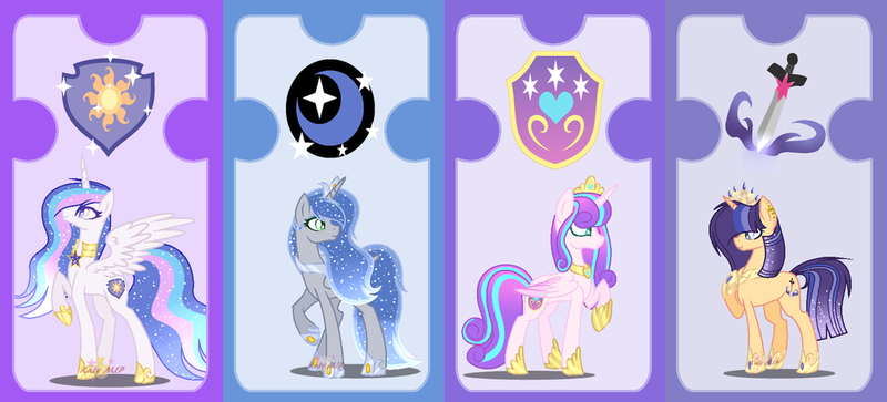 Size: 1024x464 | Tagged: safe, artist:sleppchocolatemlp, derpibooru import, princess flurry heart, oc, oc:bright moon, oc:lightning flash, oc:royal sun, alicorn, pony, unicorn, female, mare, offspring, older, parent:flash sentry, parent:king sombra, parent:princess celestia, parent:princess luna, parent:royal guard, parent:twilight sparkle, parents:flashlight, parents:guardlestia, parents:lumbra