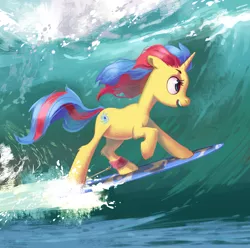 Size: 2345x2327 | Tagged: safe, artist:lis-alis, derpibooru import, oc, oc:stormfall drizzle, unofficial characters only, pony, unicorn, cute, female, mare, multicolored hair, multicolored mane, open mouth, raised hoof, smiling, solo, surfboard, surfing, water, wave