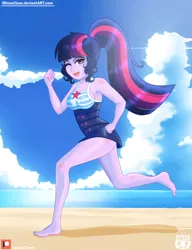 Size: 2300x3000 | Tagged: safe, artist:minusclass, derpibooru import, sci-twi, twilight sparkle, equestria girls, equestria girls series, forgotten friendship, barefoot, beach, breasts, busty twilight sparkle, clothes, cloud, cloudy, feet, female, looking at you, ocean, one eye closed, one-piece swimsuit, patreon, patreon logo, ponytail, running, sand, schrödinger's pantsu, solo, swimsuit, wink