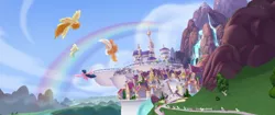 Size: 1920x804 | Tagged: safe, derpibooru import, screencap, bell perin, unnamed pony, earth pony, pegasus, pony, my little pony: the movie, background pony, canterlot, canterlot castle, city, cloud, female, hill, male, mare, mountain, rainbow, scenery, stallion, waterfall