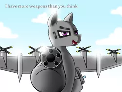 Size: 936x704 | Tagged: safe, artist:pencil bolt, derpibooru import, oc, oc:explosive angel, unofficial characters only, original species, plane pony, pony, ac-130, gun, lockheed ac-130, male, minigun, plane, sky, solo, weapon