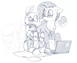 Size: 1060x867 | Tagged: safe, artist:dimfann, derpibooru import, oc, oc:yodi, unofficial characters only, classical unicorn, pony, robot, robot pony, unicorn, cloven hooves, computer, duo, glasses, laptop computer, leonine tail, male, monochrome, sketch, thinkpad, wires