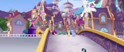 Size: 1920x804 | Tagged: safe, derpibooru import, screencap, unnamed pony, earth pony, pegasus, pony, my little pony: the movie, architecture, background pony, bridge, canterlot, canterlot castle, city, female, friendship festival, male, mare, market, ribbon, scenery, stallion