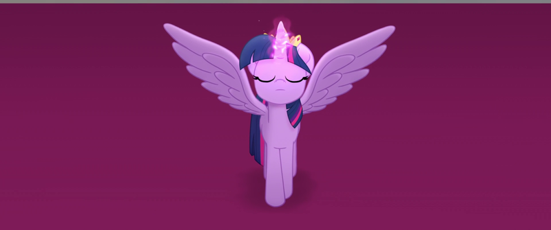 Size: 1920x804 | Tagged: safe, derpibooru import, screencap, twilight sparkle, twilight sparkle (alicorn), alicorn, pony, my little pony: the movie, canterlot castle, crown, eyes closed, glowing horn, horn, jewelry, magic, magic aura, meditating, meditation, regalia, solo, spread wings, wings