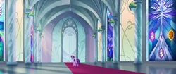 Size: 1920x804 | Tagged: safe, derpibooru import, screencap, applejack, pinkie pie, princess cadance, rarity, twilight sparkle, twilight sparkle (alicorn), alicorn, pony, my little pony: the movie, architecture, canterlot castle, carpet, crown, door, jewelry, regalia, solo, stained glass, sunlight, window