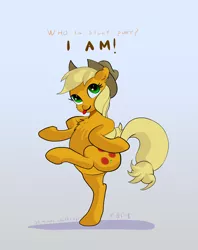 Size: 1209x1529 | Tagged: safe, artist:xbi, derpibooru import, applejack, earth pony, pony, 30 minute art challenge, chest fluff, chicken dance, cute, female, flexible, gradient background, mare, silly, silly pony, solo, tongue out, truth, who's a silly pony