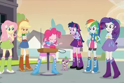 Size: 1076x718 | Tagged: safe, derpibooru import, screencap, applejack, fluttershy, pinkie pie, rainbow dash, rarity, spike, twilight sparkle, twilight sparkle (alicorn), equestria girls, rainbow rocks, boots, clothes, cropped, high heel boots, humane five, humane six, musical instrument, shoes, theremin