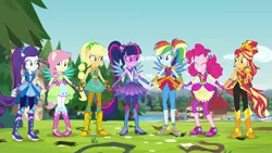 Size: 1920x1080 | Tagged: safe, derpibooru import, screencap, applejack, fluttershy, pinkie pie, rainbow dash, rarity, sci-twi, sunset shimmer, twilight sparkle, equestria girls, legend of everfree, amulet, balloon, boots, camp everfree, clothes, crystal guardian, crystal wings, discovery kids, glasses, happy, high heel boots, humane five, humane seven, humane six, jewelry, looking at each other, ponied up, pony ears, ponytail, powered up, scitwilicorn, shoes, smiling, sneakers, sparkles, sun, wings