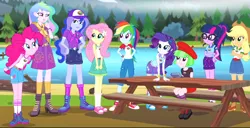 Size: 1140x585 | Tagged: safe, derpibooru import, screencap, applejack, drama letter, fluttershy, pinkie pie, princess celestia, princess luna, rainbow dash, rarity, sci-twi, twilight sparkle, watermelody, equestria girls, legend of everfree, balloon, boots, bracelet, camp everfree outfits, cap, clothes, converse, cowboy boots, crescent moon, cropped, cutie mark accessory, cutie mark hair accessory, cutie mark on clothes, hand on hip, hat, heart, humane five, humane six, jeans, jewelry, log, moon, mountain, pants, principal celestia, river, sash, shoes, shorts, sneakers, socks, sun, table, tanktop, tree, vice principal luna, wristband