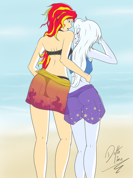 Size: 1500x2000 | Tagged: questionable, artist:deltalima, derpibooru import, sunset shimmer, trixie, equestria girls, equestria girls series, forgotten friendship, beach, bikini, breasts, clothes, crotch bulge, female, implied futa, lesbian, looking at each other, panties, shipping, suntrix, swimsuit, thong, thong swimsuit, underwear