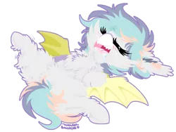 Size: 1024x768 | Tagged: safe, artist:vanillaswirl6, derpibooru import, oc, oc:poptart, unofficial characters only, bat pony, bat wings, belly fluff, chest fluff, chibi, commission, drool, ear fluff, eyes closed, female, fluffy, freckles, hoof fluff, leg twitch, mare, on back, open mouth, simple background, sleeping, spread wings, transparent background, underhoof, wings