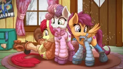 Size: 3840x2160 | Tagged: safe, artist:ohemo, derpibooru import, apple bloom, scootaloo, sweetie belle, earth pony, pegasus, pony, unicorn, adorabloom, boots, clothes, clubhouse, crusaders clubhouse, cute, cutealoo, cutie mark, cutie mark crusaders, diasweetes, dressing, female, filly, indoors, jacket, mouth hold, scarf, shoes, snow, socks, the cmc's cutie marks, trio, winter outfit