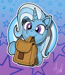 Size: 1127x1300 | Tagged: safe, artist:fuzon-s, derpibooru import, trixie, pony, unicorn, bag, bust, cute, cutie mark, diatrixes, female, fuzon is trying to murder us, gradient background, looking at you, mare, mouth hold, pony channel, portrait, scene interpretation, smiling, solo, stars, style emulation, sweet dreams fuel, to saddlebags and back again, yuji uekawa style