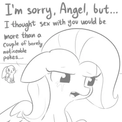 Size: 1650x1650 | Tagged: suggestive, artist:dsp2003, artist:tjpones, derpibooru import, edit, angel bunny, fluttershy, pegasus, pony, angelshy, annoyed, crying, disappointed, expectation vs reality, female, flutterzoo, humiliation, implied bestiality, implied interspecies, implied sex, implied straight, male, mare, monochrome, shipping, sketch