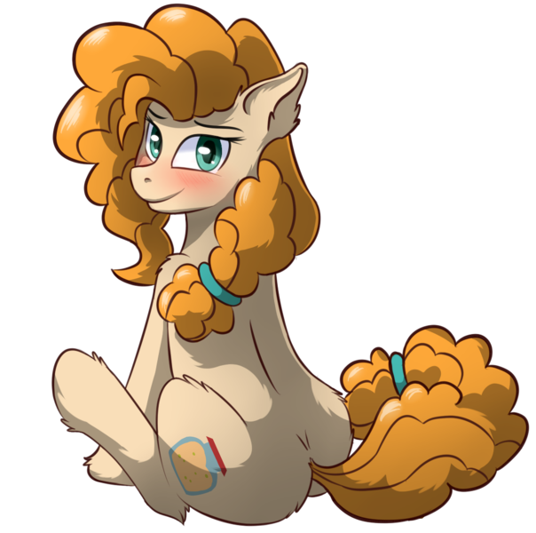 Size: 1087x1080 | Tagged: safe, artist:whyena, derpibooru import, pear butter, earth pony, pony, blushing, ear fluff, female, fluffy, leg fluff, looking at you, looking back, mare, plot, shoulder fluff, simple background, sitting, solo, transparent background