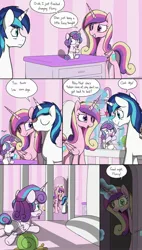 Size: 1456x2572 | Tagged: safe, artist:skitter, derpibooru import, edit, princess cadance, princess flurry heart, queen chrysalis, shining armor, alicorn, pony, unicorn, comic, corn, corndog, dialogue, diaper, fake cadance, female, implied infidelity, magic, male, mare, plot twist, shining armor is a goddamn moron, stallion, the implications are horrible, this will not end well, white diaper
