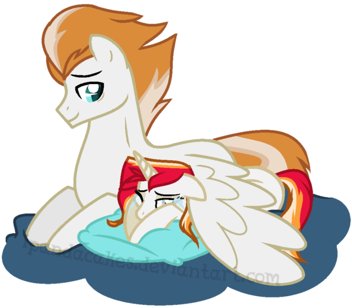 Size: 895x783 | Tagged: safe, artist:ipandacakes, derpibooru import, fire streak, oc, oc:solar flare, pegasus, pony, unicorn, crying, father and daughter, female, male, mare, offspring, parent:fire streak, parent:sunset shimmer, parents:sunsetstreak, prone, simple background, stallion, transparent background, wing blanket