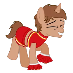 Size: 2500x2500 | Tagged: safe, artist:peternators, derpibooru import, oc, oc:heroic armour, unofficial characters only, unicorn, cheerleader, clothes, eyes closed, male, male cheerleader, pom pom, shorts, simple background, smiling, solo, teenager, transparent background, younger