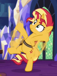 Size: 558x744 | Tagged: safe, derpibooru import, screencap, sunset shimmer, pony, unicorn, equestria girls, mirror magic, spoiler:eqg specials, adorable distress, animated, bipedal, book, cropped, cute, flailing, gif, i believe i can fly, in the human world for too long, majestic as fuck, saddle bag, shimmerbetes, silly, silly pony, solo, twilight's castle