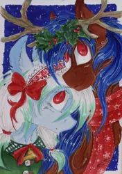 Size: 1024x1458 | Tagged: artist:scootiegp, band, bell, bow, braid, christmas, christmas wreath, clothes, deer, derpibooru import, female, holiday, holly, male, mare, oc, original species, pegasus, reindeer, safe, scarf, shipping, signature, simple background, smiling, stallion, stars, straight, traditional art, unofficial characters only, wreath