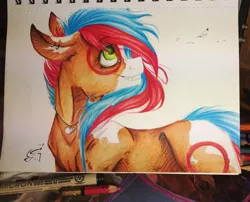 Size: 1024x828 | Tagged: safe, artist:scootiegp, derpibooru import, oc, unofficial characters only, earth pony, pony, ear piercing, earring, feather, female, grin, heart, jewelry, looking up, mare, necklace, paper, piercing, round, signature, simple background, smiling, traditional art, white background