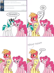 Size: 1204x1604 | Tagged: safe, artist:dekomaru, derpibooru import, big macintosh, fluttershy, pinkie pie, oc, oc:dazzle, earth pony, pony, tumblr:ask twixie, ask, canon x oc, comic, female, fluttermac, male, ring, shipping, simple background, stallion, straight, tumblr, wedding ring, white background