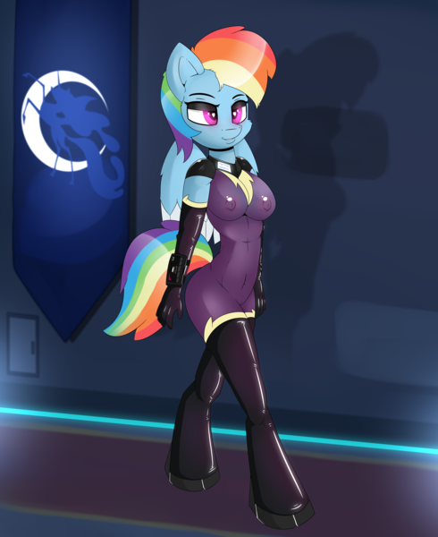 Size: 2000x2451 | Tagged: explicit, artist:xorza, derpibooru import, part of a set, rainbow dash, anthro, unguligrade anthro, breasts, busty rainbow dash, clothes, collar, costume, female, heart eyes, latex, mind control, shadowbolt dash, shadowbolts costume, slave, solo, solo female, story in the source, story included, vulva, wingding eyes