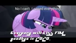 Size: 1280x720 | Tagged: safe, derpibooru import, edit, edited screencap, screencap, twilight sparkle, twilight sparkle (alicorn), alicorn, pony, my little pony: the movie, leak, spoiler:g5, 12/16/17, breaking the fourth wall, crying, end of ponies, g5, in-universe pegasister, meme, no i can't i ruined everything, series finale, series finale blues, solo