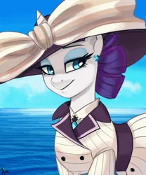 Size: 694x833 | Tagged: safe, artist:ehfa, derpibooru import, rarity, pony, unicorn, ppov, bow, clothes, cloud, ear piercing, earring, female, hat, jewelry, mare, piercing, raristocrat, rose dewitt bukater, sky, smiling, solo, titanic, water