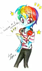 Size: 1609x2696 | Tagged: safe, artist:liaaqila, derpibooru import, rainbow dash, equestria girls, awesome as i want to be, clothes, haircut, pants, short hair, short hair rainbow dash, signature, simple background, smiling, solo, traditional art, white background