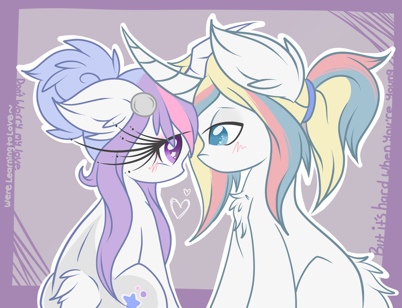 Size: 2800x2149 | Tagged: safe, artist:starlightlore, derpibooru import, oc, oc:aster, oc:novus hikari, unofficial characters only, earth pony, pony, unicorn, blushing, female, lidded eyes, looking at each other, male, oc x oc, ponysona, shipping, straight