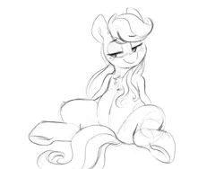 Size: 2048x1536 | Tagged: suggestive, artist:dimfann, derpibooru import, applejack, earth pony, semi-anthro, bedroom eyes, chest fluff, covering, female, grayscale, human shoulders, mare, monochrome, no pupils, on back, sketch, solo, solo female, tail covering, underhoof